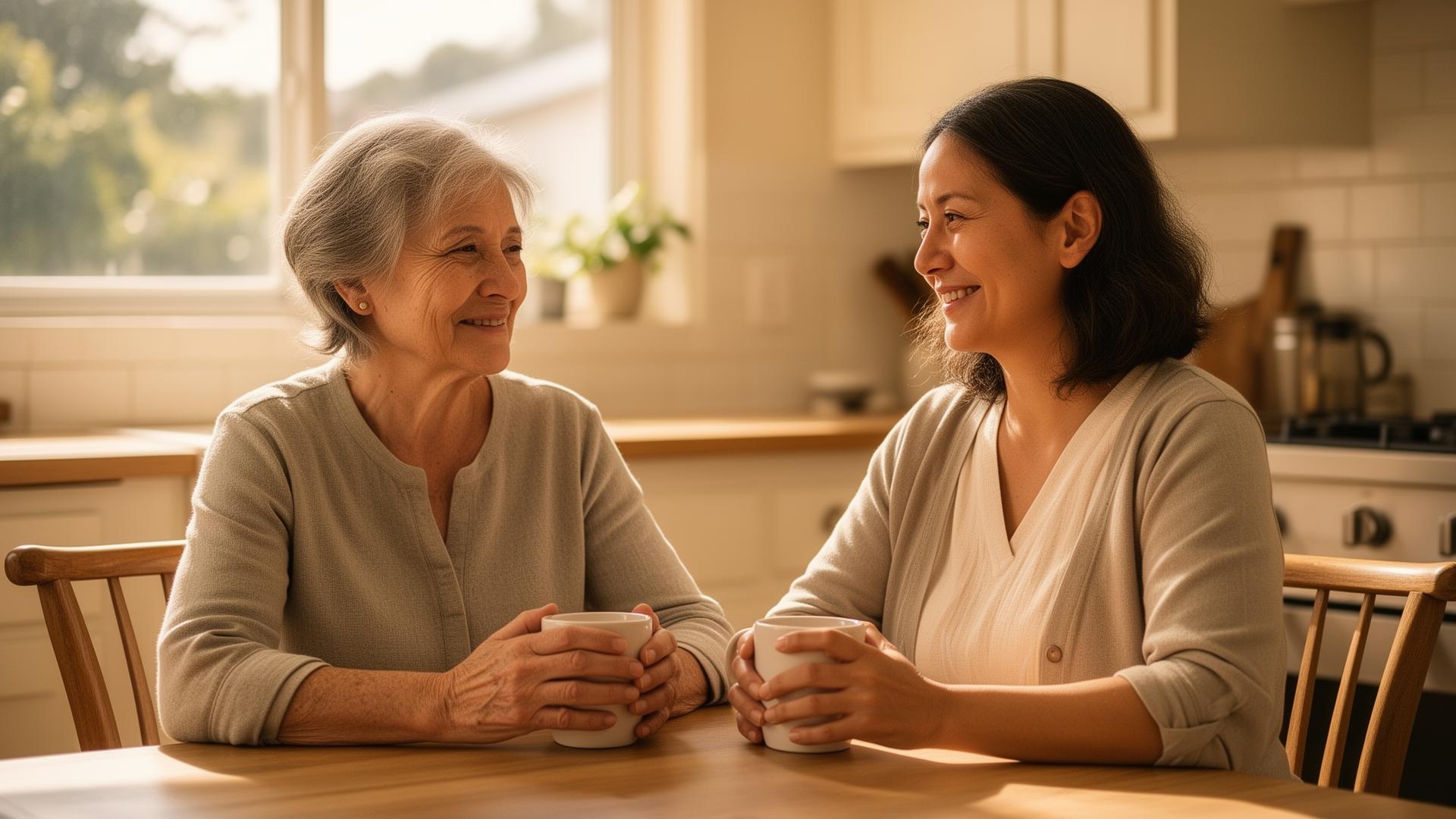 An older woman and an adult-child caregiver sharing tea at a sunlit kitchen table at home.